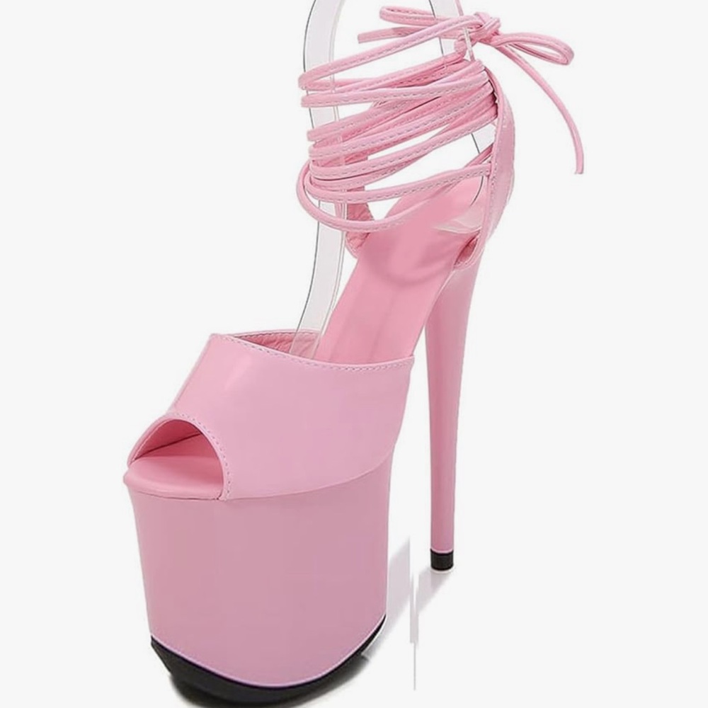 New Shuzumiao Pink Platform Pole Dancing Stiletto Sandal Heels Tie Up